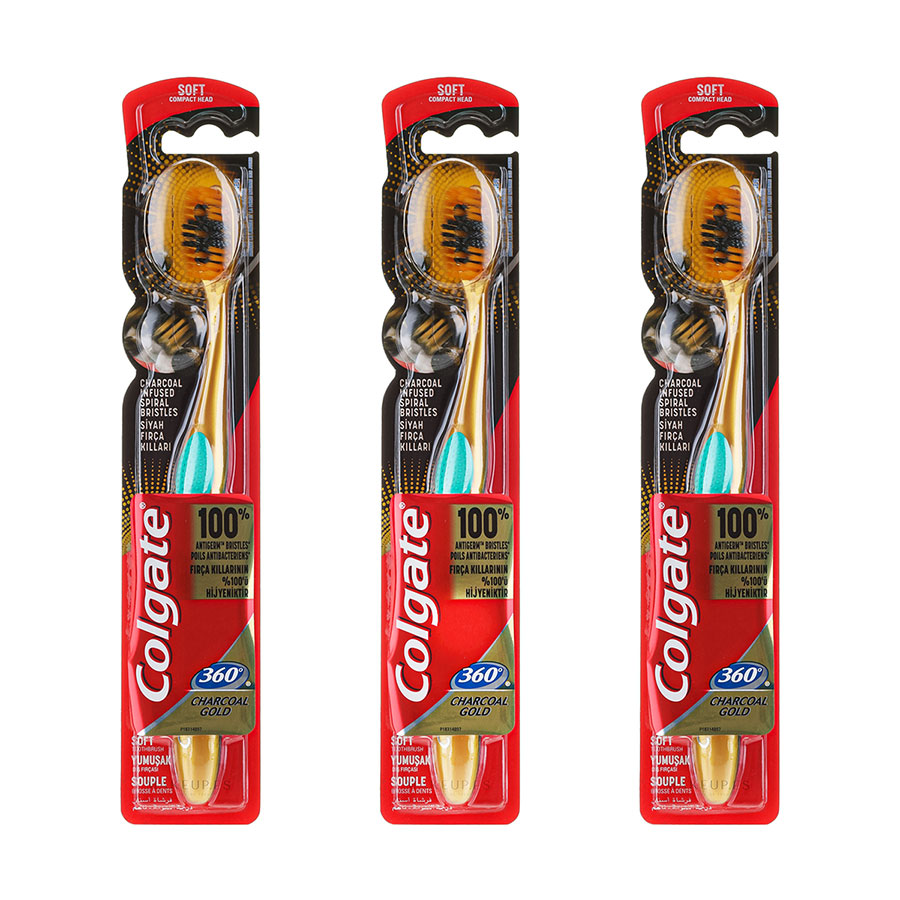 مسواک کلگیت مدل 360 Charcoal Gold بسته 12 عددی مجموعه 6 عددی (کارتنی)
