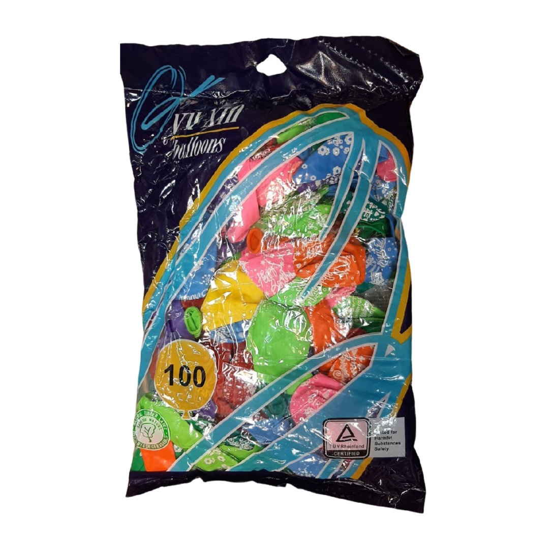 بادکنک Happy Birthday دور چاپ با طرح فشفشه و قلب بسته 100 عددی